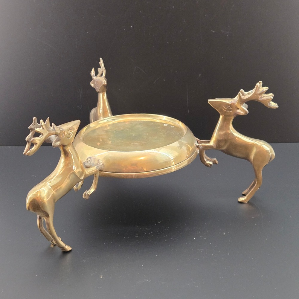 India Exotics Inc Vintage Solid Brass Reindeer Centerpiece Bowl Candle Holder
